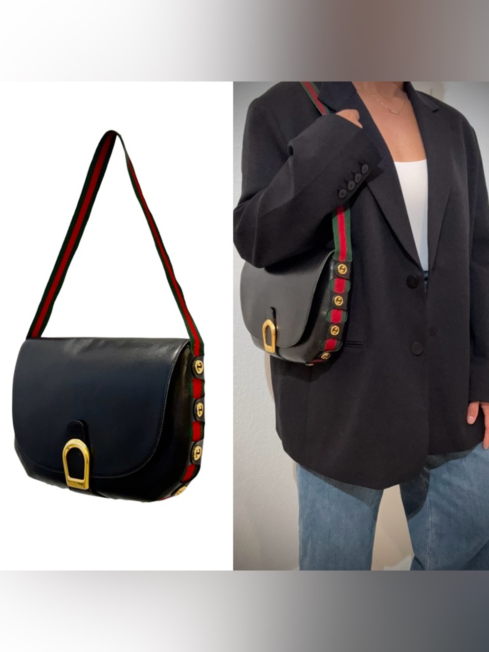 •••SOLD•••Authentic Gucci 1980s Vintage Web Leather Shoulder Bag Black